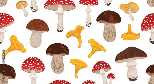 Colorful seamless pattern of diverse wild forest mushrooms like fly agaric, porcini, and chanterelles on a clean white background.