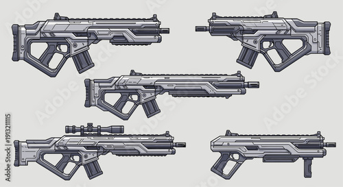 Set of five futuristic sci-fi assault and sniper rifles with complex mechanical designs and details on a solid grey background.
