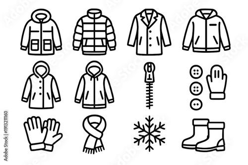 Winter Jacket Icons. Winter Jackets outline icons: parka, puffer jacket, wool coat, fleece jacket, hooded coat, rain shell, zipper, buttons, gloves, scarf, snowflake, boots.