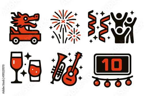 Festive Icon Set. New Year Festivities silhouette set: parade floats, sparkling fireworks, festive ribbons, joyful audience, glowing drinks, musical instruments, countdown screen,