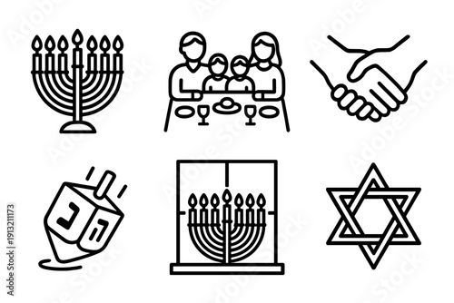 Hanukkah Symbols Outline. Hanukkah Family outline icons: menorah flames, table setting, hands holding, dreidel spin, window light, Star of David.
