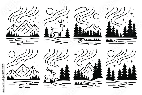 Northern Lights Icons. Winter Celebration Nature Northern Lights outline icons: mountain silhouette, aurora waves, frozen river, star field, pine forest outline, glowing moon,