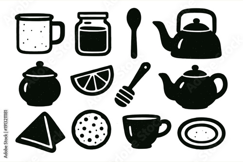 Rustic Kitchen Icons. Comfort Beverages Rustic Kitchen silhouette set: enamel mug, glass jar, wooden spoon, tea kettle, sugar bowl, lemon slice, honey dipper, ceramic teapot,