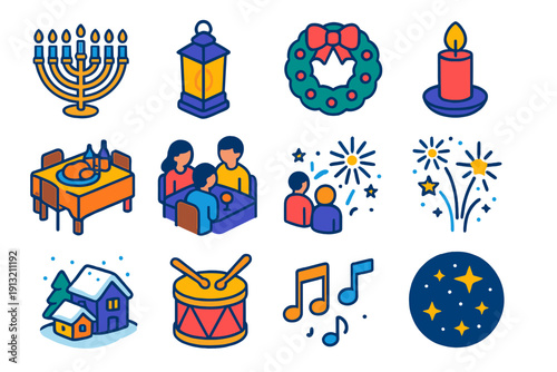 Vibrant Winter Icon Set. Winter Knowledge Culture Vibrant Flat Vector flat icons: menorah, lantern, wreath, candlelight, festive table, family gathering, fireworks, snowy village,
