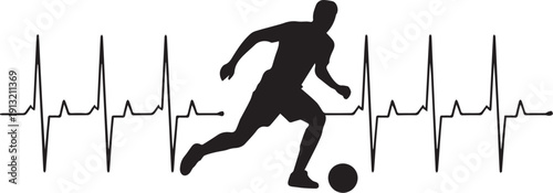 Running Athlete with Heartbeat Line Silhouette Vector
Running Soccer Player Silhouette Vector with Football and Heartbeat Line