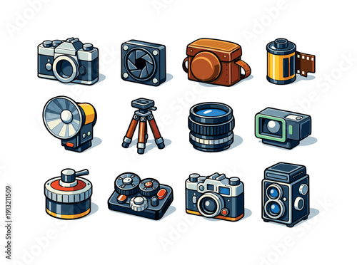 Vintage camera gear. Colorful isometric vector icons set of Vintage camera gear: old camera body, mechanical shutter, leather camera case,