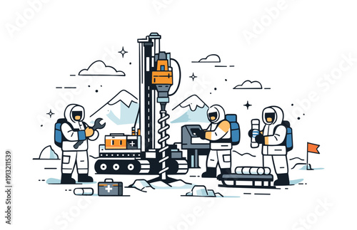 Arctic Mining Operations. Extreme cold mining operations. Drilling equipment and miners in thermal suits working on frozen terrain. Sense of resilience,