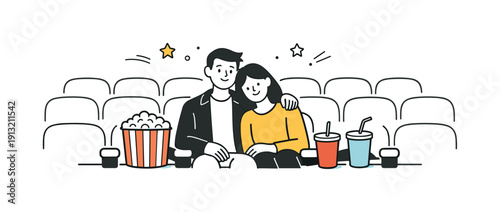 Casual date night seating. A wide cinema scene with a couple centered among empty seats, popcorn and drinks nearby. Calm evening