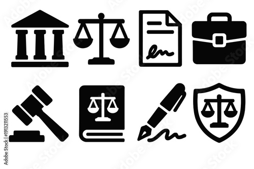 Brutalist Legal Icons. Legal Services silhouette set: courthouse icon, scales of justice, contract document, lawyer briefcase, gavel, legal book, signature pen, law shield.