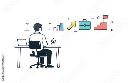 Career stagnation anxiety. Professional figure sitting still at a desk while progress icons float ahead, out of reach. Calm but tense