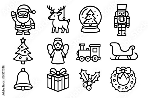 Winter Holiday Figurines. Holiday Winter Figurines outline icons: Santa figure, reindeer ornament, snow globe, nutcracker, Christmas tree, angel, toy train, sleigh, bell, wrapped