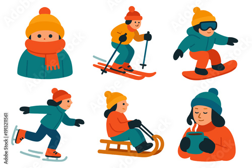 Winter Activity Icons. Cozy Winter Beings flat icons: bundled child, skier, snowboarder, ice skater, sled rider, cocoa drinker.