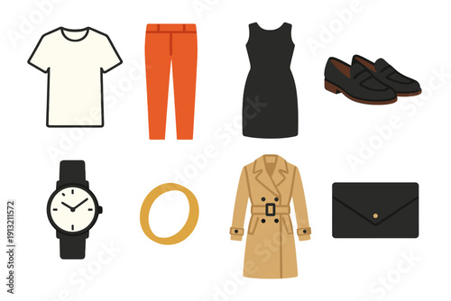 Minimal Fashion Icons. Timeless Design flat icons: plain white tee, tailored pants, black dress, leather loafers, wristwatch, simple ring, trench coat, clutch bag.