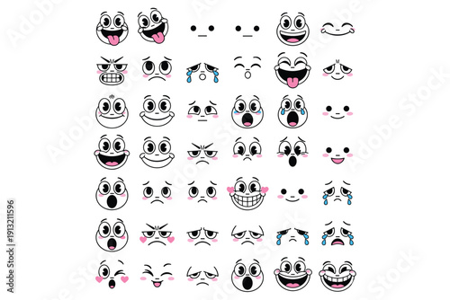 Collection of cartoon emoji faces expressing various emotions on white background expressions