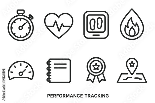 Fitness and Mystic Icons. Performance Tracking outline icons: stopwatch, heart rate monitor, steps counter, calorie icon, distance tracker, pace gauge, workout log, achievement