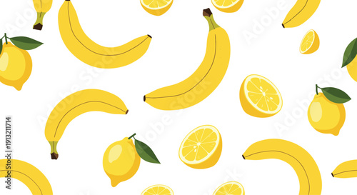 Bright and fresh seamless pattern featuring yellow bananas and juicy lemon halves with green leaves on a white background.