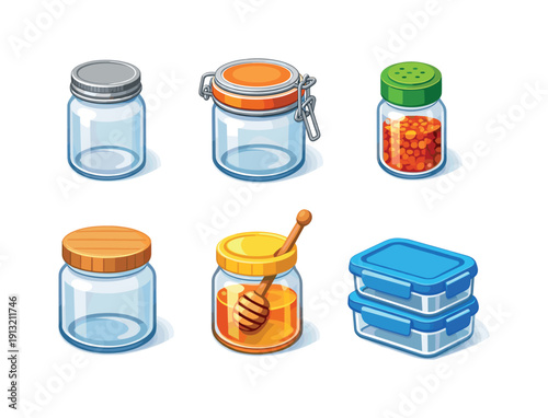 Glass Food Storage Jars. Isometric flat vector icons set of Glass Food Storage Jars: mason jar with metal lid, airtight clamp jar, spice jar