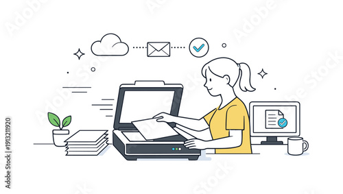 Scanning documents. A person placing papers into a flatbed scanner, calm office mood showing organization and digital workflow with light