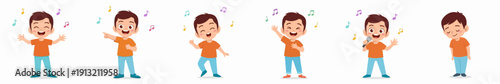 Cute Cartoon Boy Character Illustration with Music Notes and Various Poses