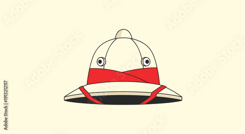 Classic white pith helmet with a red band and chin strap for safari explorer and adventure travel themes.