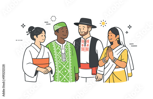 Ethnic clothing traditions. People wearing traditional garments from different cultures, standing calmly together and sharing a respectful