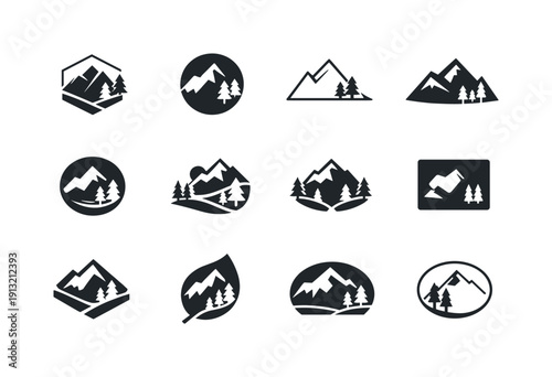 Eco-tourism. Icon set. Set Logo of eco-tourism: mountain and tree landscape. harmonious logo variations of the same emblematic concept, each