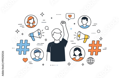 Social Media Activism. Social media activism concept. Abstract scene with hashtag symbols, megaphones, and floating avatars around a central figure. Feeling of