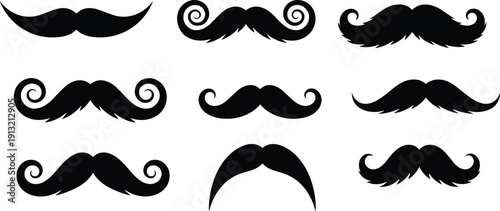 Eight black mustache silhouettes with varied styles arranged in a three by three grid on a white background Keywords: mustache
