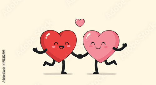Two cute cartoon hearts holding hands and smiling with a small heart above them representing love and happy relationships.
