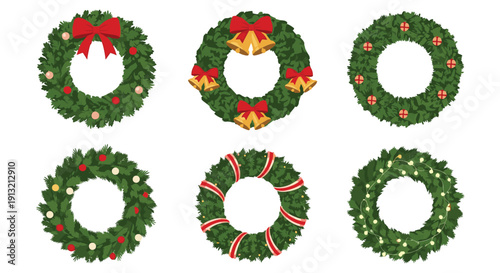 Collection of six different green Christmas wreaths decorated with red bows, golden bells, colorful ornaments, and glowing string lights.