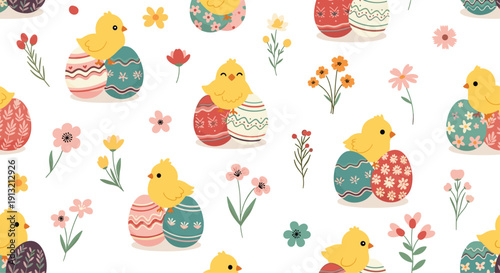 Vibrant seamless pattern showing cute yellow baby chicks sitting on decorated Easter eggs surrounded by colorful spring flowers and berries.