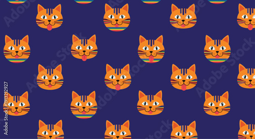 Fun repeating pattern of orange cat heads with striped faces and tongues sticking out against a deep blue background for textile design.