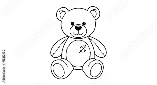 Simple black and white line drawing of a classic seated teddy bear toy with a stitched patch on its tummy for children to color.