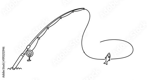 Minimalist line art drawing of a curved fishing rod with a fishing line and a small fish jumping out of the water on a white background.
