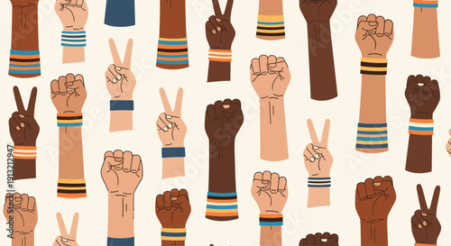 Diversity and empowerment pattern featuring various skin tones of raised fists and hands showing peace signs with colorful striped wristbands.