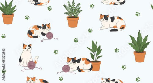 Charming seamless pattern showing calico cats playing with balls of yarn and resting near various potted indoor plants on a light blue base.