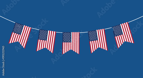 United States of America flag bunting with five flags hanging from a white string against a solid blue background for patriotic celebrations.