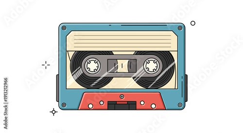 Retro blue and red audio cassette tape illustration with detailed internal reels and a label space on a white background with star accents.