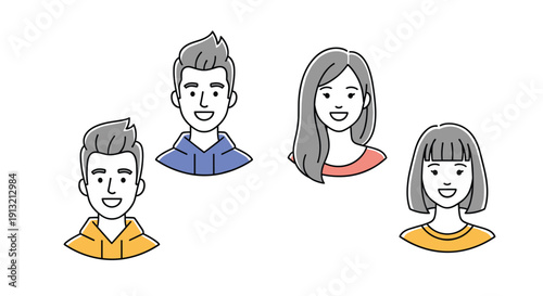Group of four stylized diverse people icons including two men and two women with friendly smiles and simple hairstyles for community concepts.