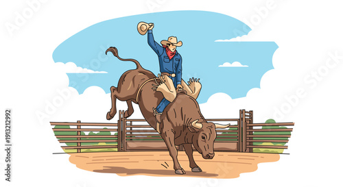 Determined cowboy competes in a rodeo bull riding event inside a fenced arena under a bright blue sky with white clouds.