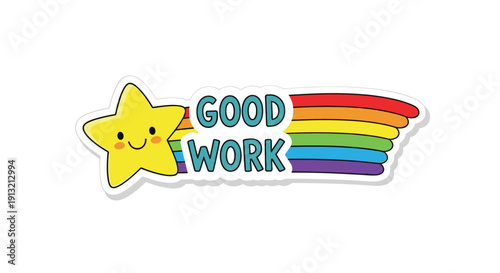 Colorful shooting star sticker design with a smiling yellow star face followed by a rainbow trail and the encouraging text good work.