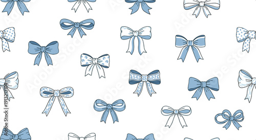 Seamless pattern of various blue bows with floral and leopard print patterns on a clean white background for textiles.