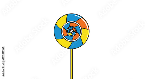 Brightly colored swirl lollipop with blue, yellow, and orange sections on a long thin stick isolated on a white background.