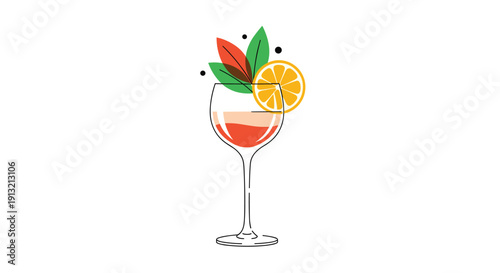Stylish illustration of a cocktail glass filled with pink and red liquid garnished with an orange slice and green leaves.