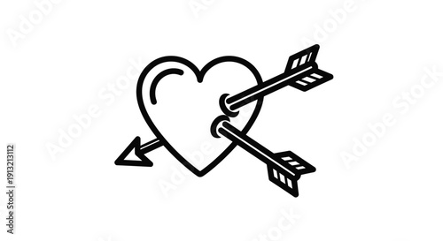 Minimalist black and white icon of a heart shape pierced by two feathered arrows symbolizing love or attraction.