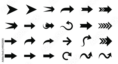 Large collection of diverse black arrow icons in different styles including curved, straight, and segmented shapes.