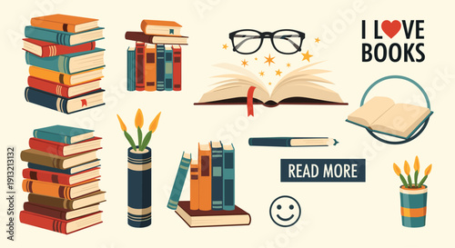 Extensive collection of books, reading glasses, a light bulb, and a smile icon for education and literacy themes.