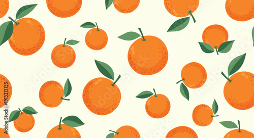 Vibrant seamless pattern of fresh orange fruits with green leaves scattered on a light cream colored background.