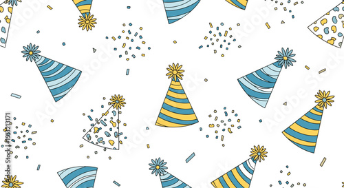 Delicious seamless pattern of various sponge cakes topped with chocolate, pink frosting, and fresh berries on white.