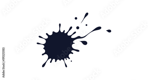Splatter of black ink on a plain white background creates a dynamic abstract shape with droplets and fine lines radiating from the center.